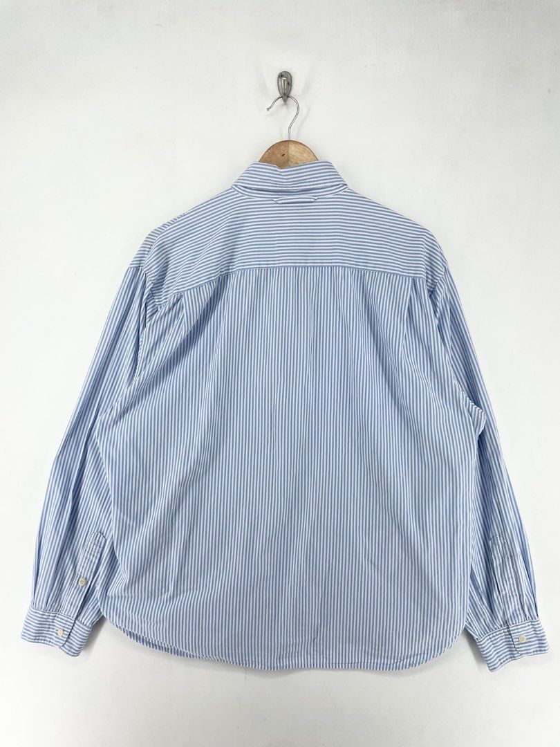 Workware Blue Stripe (with pockets) Polo Longsleeve (Category: Formal Shirts) located in Mandaluyong City. Submitted by armrhts (Listing ID 1464844791, Image 2). Description: Size: Larg Dimensions(inches) •Width: 23" •Length: 27" •Pit to Cuff: 19" .