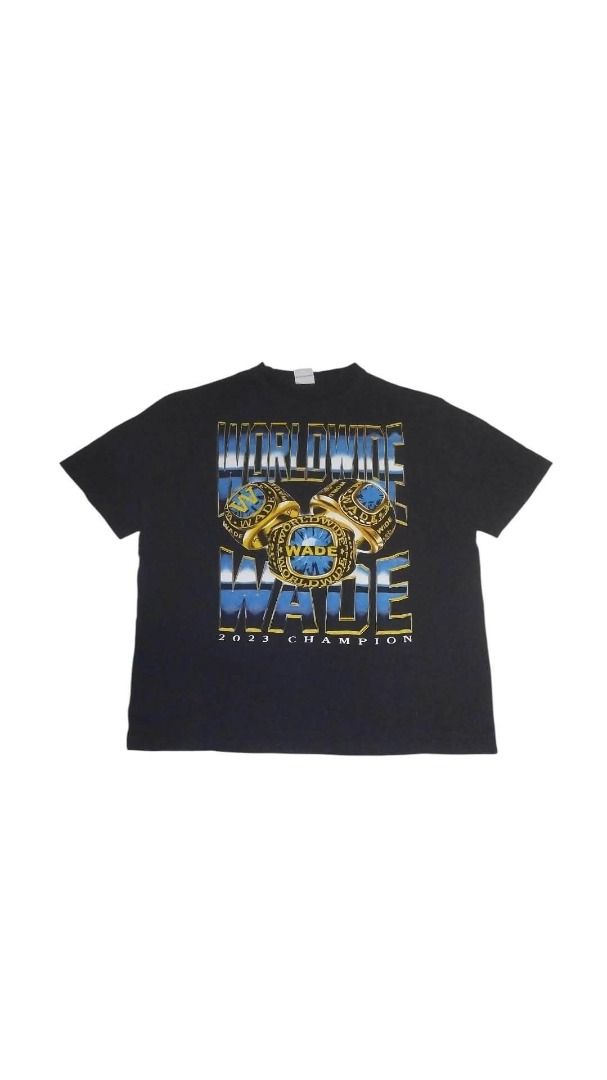 WORLDWIDE WADE RINGER TEE (Category: Tshirts & Polo Shirts ) located in Koronadal. Submitted by theminance (Listing ID 1464775418, Image 1). Description: -22.5X28 ( LARGE ) - Color: Black - Design: Large front graphic featuring 'WORLDWIDE WADE', three championship rings in blue and gold tones, and '2023 CHAMPION' text at the bottom - Fit: Standard fit / Regular cotton tee style - Neckline: Crew neck - Sleeves: Short sleeves - Condition: Brand new