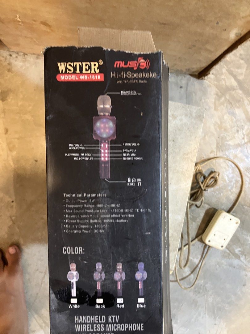 Wster WS-1816 Wireless Microphone Handheld KTV Speaker (Category: Microphones) located in Quezon City. Submitted by ponpin (Listing ID 1464833953, Image 1). Description: - Model: WS-1816 Wireless Karaoke Microphone (Color: Red) - Features: Built-in speaker with vibrant disco lights - Connectivity & Media: Supports TF card, USB, and FM radio - Specs: 3W output power and reliable 1800mAh built-in battery - Inclusions: Comes with original box and pl