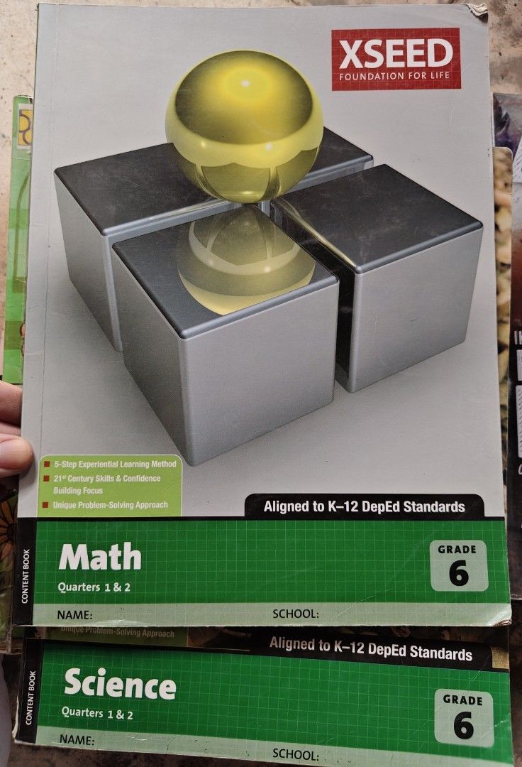 XSEED Grade 5 Grade 6 (Category: Textbooks) located in Manila. Submitted by onlinestore011716 (Listing ID 1464851828, Image 1). Description: - Bundle of XSEED textbooks aligned with K-12 DepEd standards - Grade 6 Math and Science (Quarters 1 & 2) - Grade 5 Science (Quarters 3 & 4) - 2 English books covering all four quarters - Perfect for homeschooling or extra practice - Cover name fields are left blank.