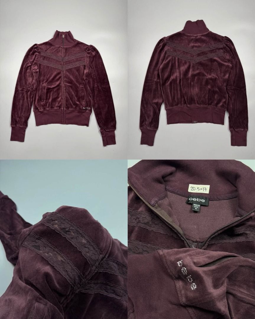 Y2K BEBE VELOUR TRACK JACKET (Category: Coats, Jackets and Outerwear) located in Baguio. Submitted by binibibi (Listing ID 1464770680, Image 1). Description: Y2K BEBE VELOUR TRACK JACKET (EXCELLENT CONDITION) SIZE: MEDIUM (20.5L X 17W) - Brand: bebe - Size: Medium (M) - Material: Soft velvet fabric for a comfy fit - Color: Rich maroon - Design: High collar, front pockets, and lacy chevron panel detail on chest and back - Special Feature: Sparklin