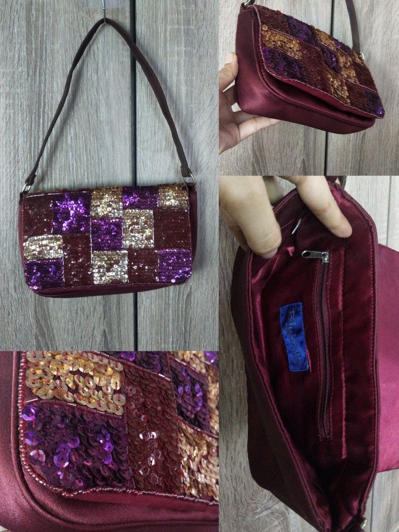 Y2K Vintage Patchwork Sequin Baguette Bluebell Italy (Category: Shoulder Bags) located in San Fernando. Submitted by luckyflower.e9e5ed (Listing ID 1464868872, Image 1). Description: Selling this stunning, authentic vintage Y2K baguette-style evening bag from Bluebell Italy. It features a gorgeous patchwork mosaic of high-shine sequins in shades of royal purple, rich gold, and deep burgundy stitched onto a smooth satin base. An absolute statement