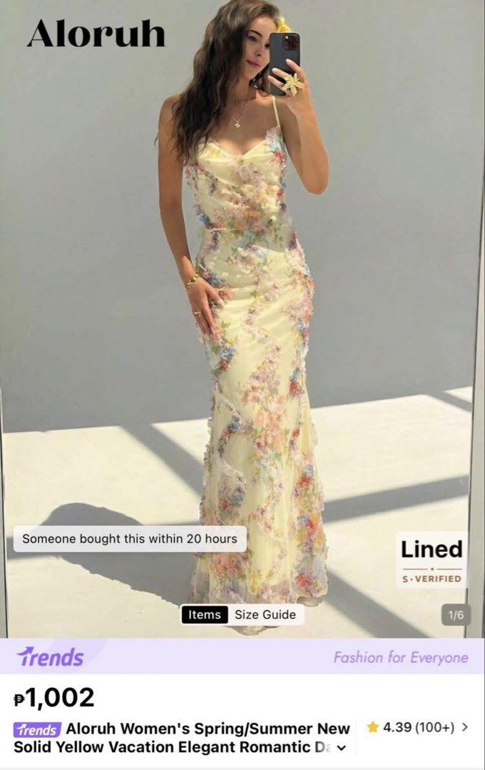 Yellow Floral Ruffle Maxi Dress (Category: Dresses) located in Quezon City. Submitted by jadalsbns (Listing ID 1464791149, Image 3). Description: - Brand: Aloruh (Shein) - Color/Pattern: Vibrant yellow with colorful floral prints - Design: Spaghetti straps, cowl neckline, and delicate ruffled mesh trim - Fit & Lining: Fully lined with a fitted silhouette - Condition: Worn once for a try-on, practically new - Ideal for: Vacations, dinner dates, an