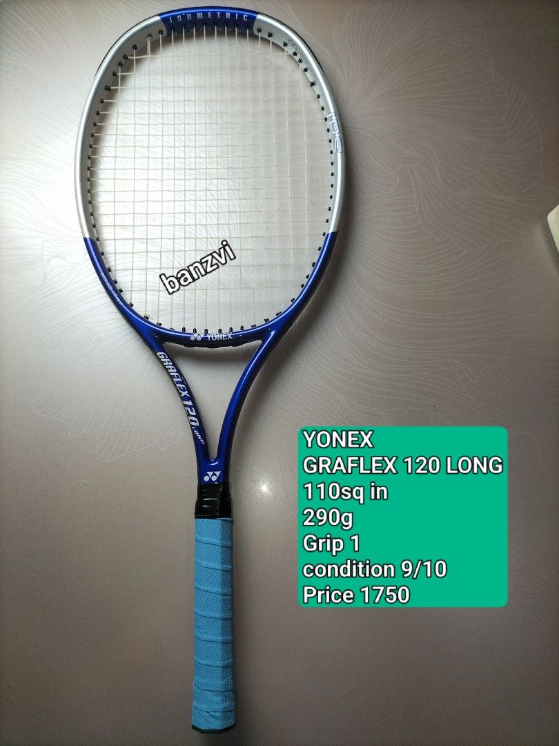 Yonex Graflex 120 Long Tennis Racket (Category: Racket and Ball Sports) located in Cainta. Submitted by banzvi73 (Listing ID 1464896264, Image 1). Description: - Brand/Model: Yonex Graflex 120 Long Tennis Racket - Colorway: Blue and silver - Head Shape & Size: Isometric, Oversize 110 square inches for a bigger sweet spot - Weight: 290g (lightweight and maneuverable) - Grip Size: Size 1 - Extras: Clean strings, fresh blue overgrip installed, and I