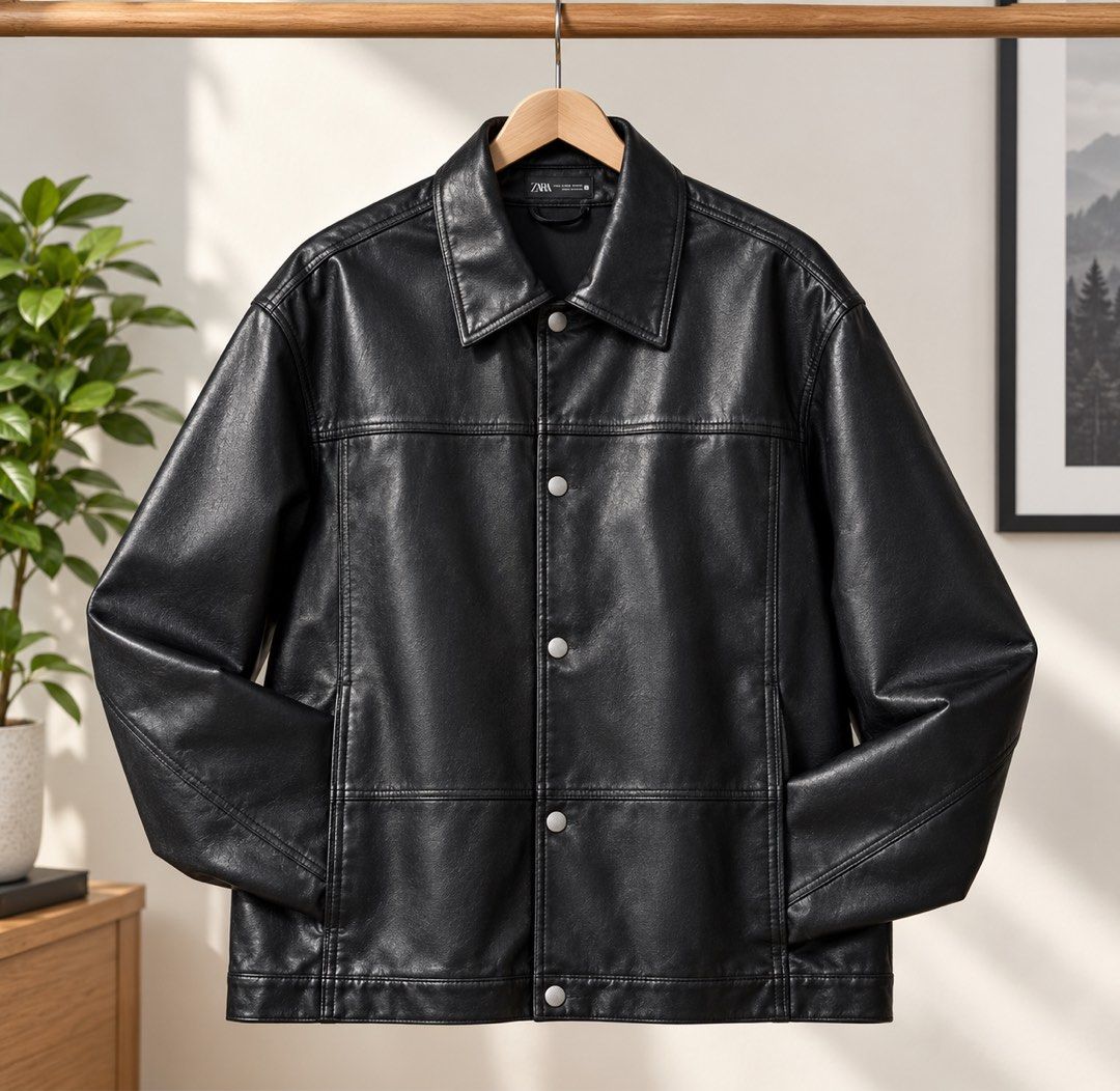 Zara Black Faux Leather Jacket Size M (Category: Coats, Jackets and Outerwear) located in Cebu City. Submitted by llben07 (Listing ID 1464797073, Image 2). Description: - Brand: Zara - Size: M (26x22) - Color: Solid black with a smooth finish - Material: Fux leather - Design: Classic collar, front button closure, and structured panel stitching - Details: Long sleeves with button cuffs and clean interior lining 2500 only.