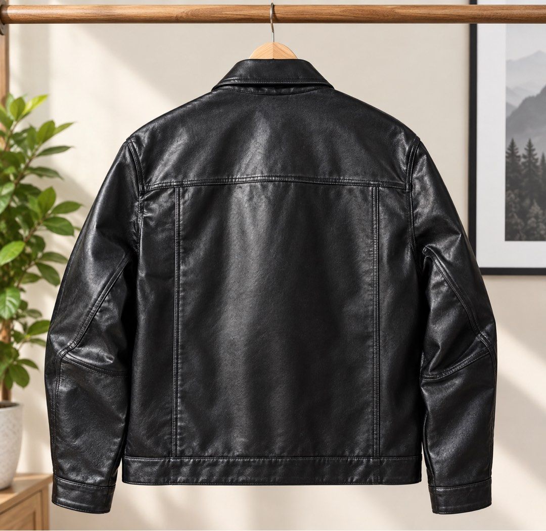 Zara Black Faux Leather Jacket Size M (Category: Coats, Jackets and Outerwear) located in Cebu City. Submitted by llben07 (Listing ID 1464797073, Image 3). Description: - Brand: Zara - Size: M (26x22) - Color: Solid black with a smooth finish - Material: Fux leather - Design: Classic collar, front button closure, and structured panel stitching - Details: Long sleeves with button cuffs and clean interior lining 2500 only.