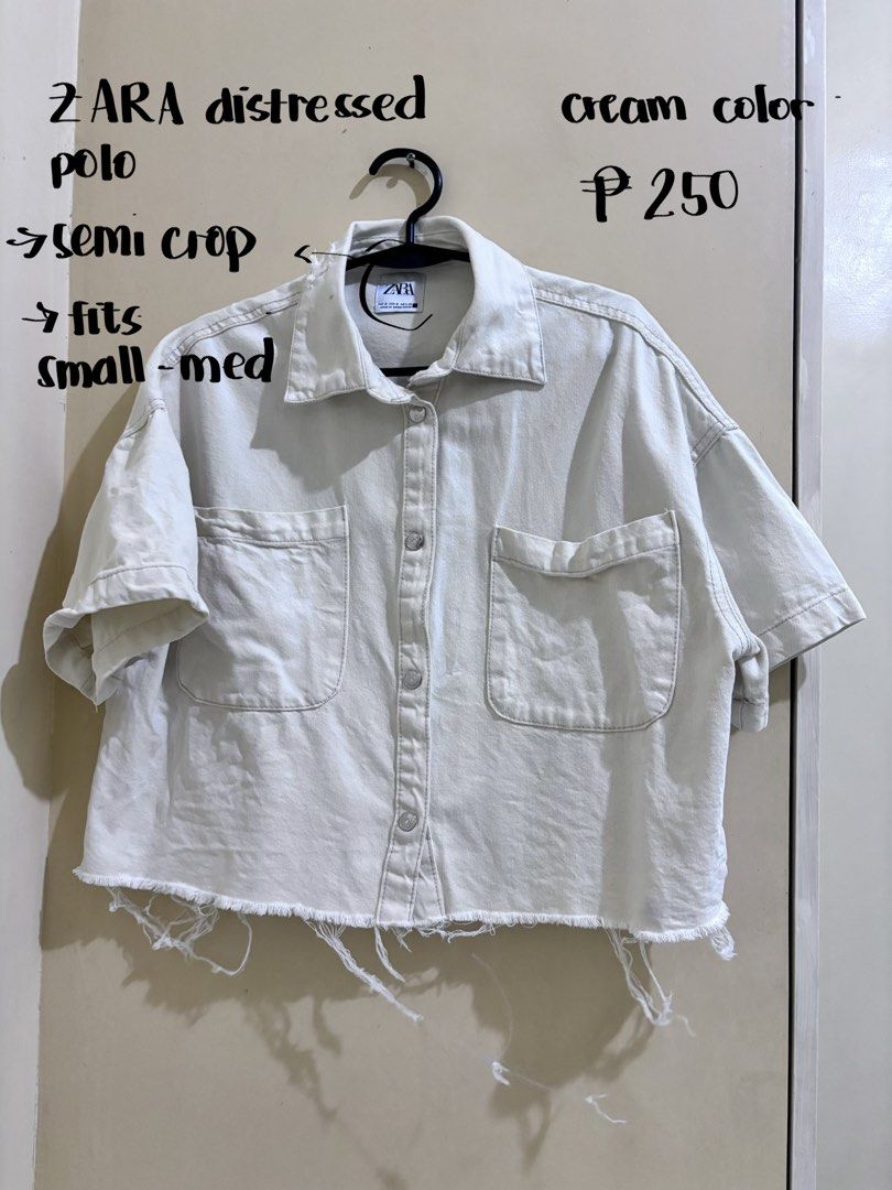 Zara cream distressed polo (semi crop) (Category: Blouses) located in Manila. Submitted by hellobarbieeee (Listing ID 1464906083, Image 1). Description: info in pic :) price nego. msg me for inquiries loc: dlsu taft (daily) / bgc (wed,thu) / megamall (mon,tue) mod: lalamove / jnt / meetup.