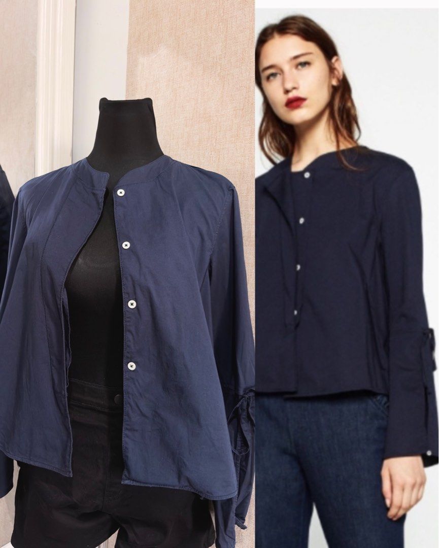 Zara Navy Blue Poplin Button Down Tie Sleeve Top (Category: Longsleeves) located in Lucena. Submitted by outfyndbyia_07123 (Listing ID 1464888736, Image 1). Description: Small on tag Color condition (Navy Blue): 9/10 .