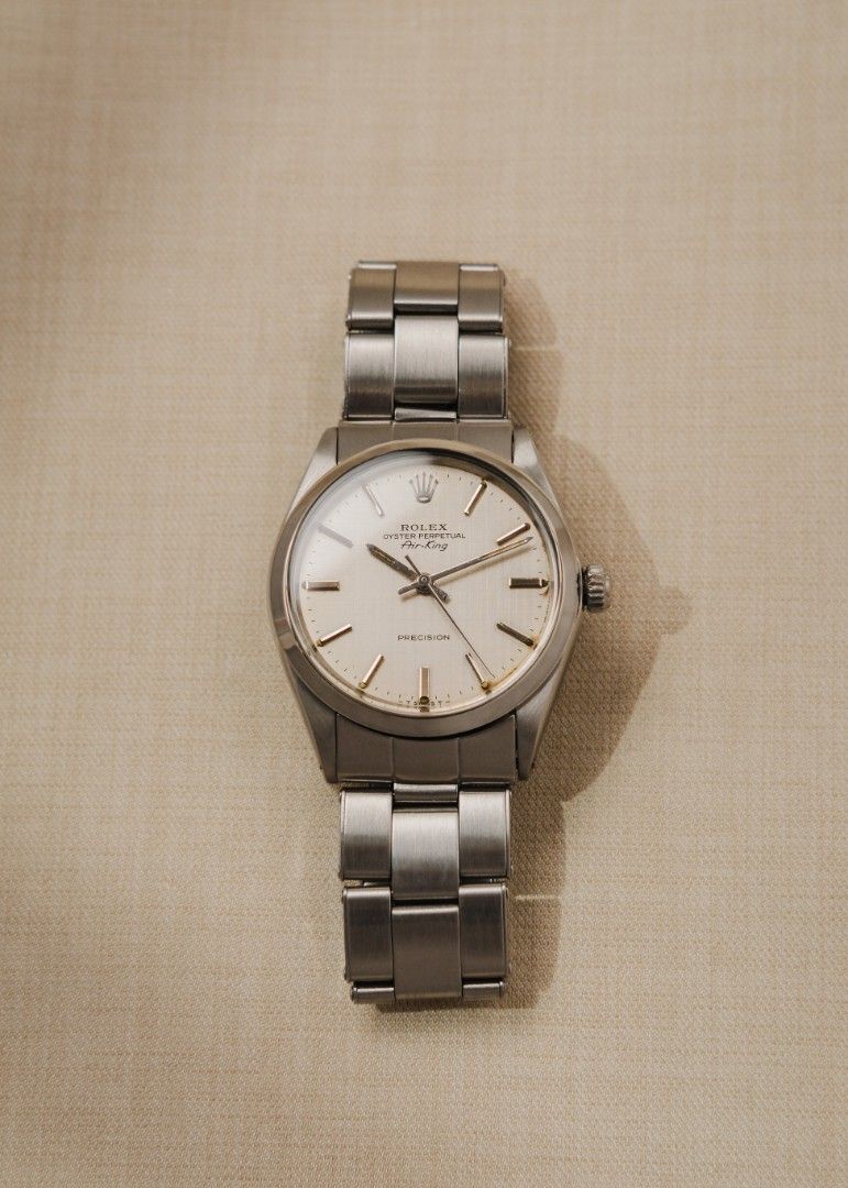 1969 Rolex Air-King "Linen Dial" (Category: Luxury Watches) located in Manila. Submitted by windsorfinery (Listing ID 1459409299, Image 1). Description: *Rare linen dial* Rolex Air-King 5500 1969 Automatic 34mm Stainless steel Acrylic Rolex bracelet Box: No Papers: No Others: Leather pouch. 1-Year Mechanical Warranty by Windsor Finery Co. Cash Price: ₱208,000 ✔️ Layaway accepted ✔️ Credit cards accepted ✔️ Viewings accepted (Greenbelt, Makati) ✔️