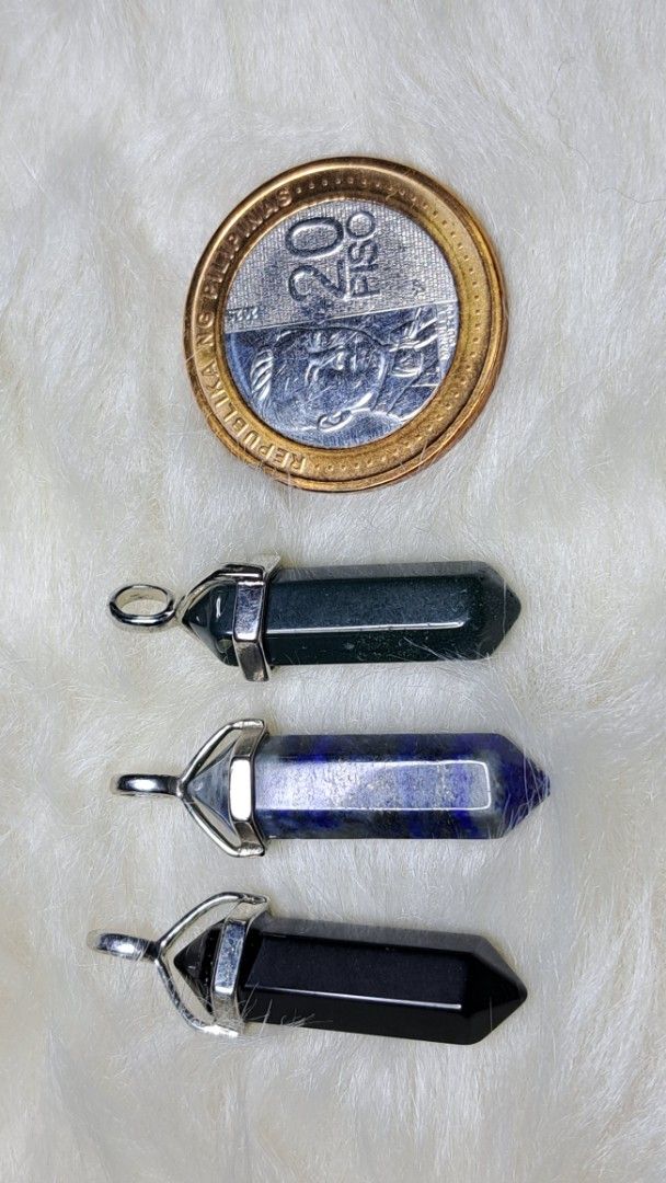 3 Hexagonal Crystal Pendants - Obsidian, Lapis Lazuli, Moss Agate (Category: Precious Stones) located in Quezon City. Submitted by crystallinehaven (Listing ID 1459348446, Image 2). Description: Single terminated pendant ♦️3 available ♦️Moss Agate p300 ♦️Obsidian p380 ♦️Lapiz Lazuli p480 ♦️Take all p980 -3 crystal pendants: Black Obsidian, Lapis Lazuli, and Moss Agate. - Lapis Lazuli is a vibrant blue with shimmering gold flecks. - Moss Agate fea