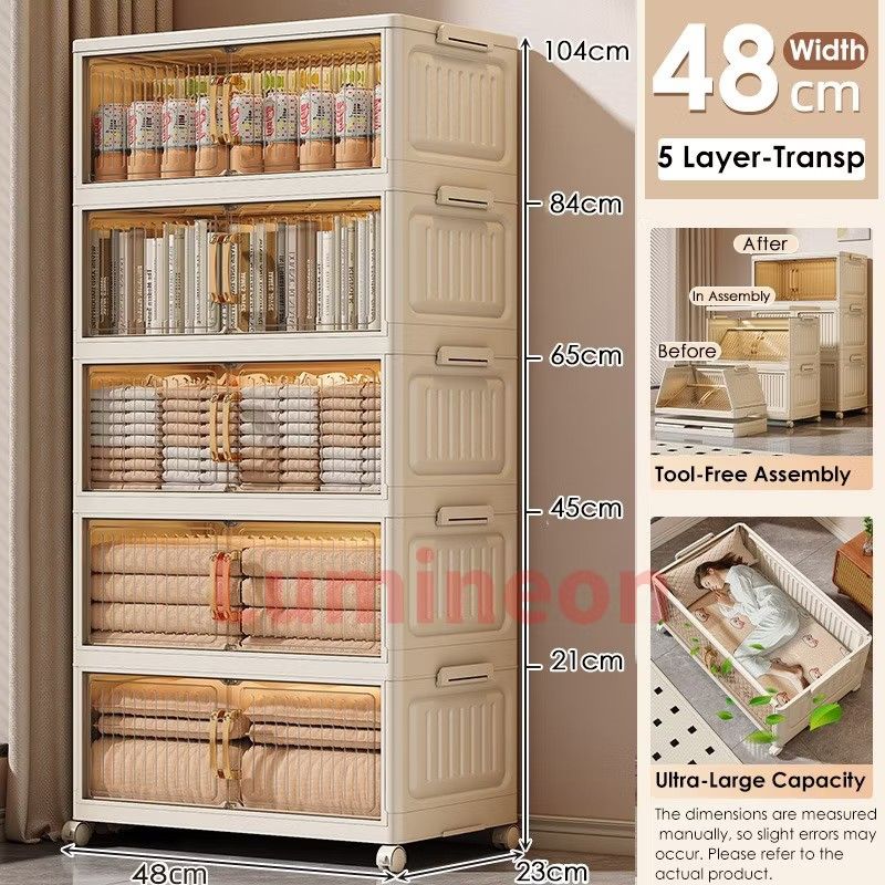 5 Layer Transparent Storage Cabinet with Wheels (Category: Shelves, Cabinets & Racks) located in Manila. Submitted by livefish_3a0eb0 (Listing ID 1459392666, Image 1). Description: - 5-layer transparent storage cabinet - Dimensions: 104cm (H) x 48cm (W) x 23cm (D) - Tool-free assembly for quick setup - Built-in wheels for easy mobility - Transparent drawers for clear visibility of contents - Ideal for organizing clothes, books, toys, and other ho