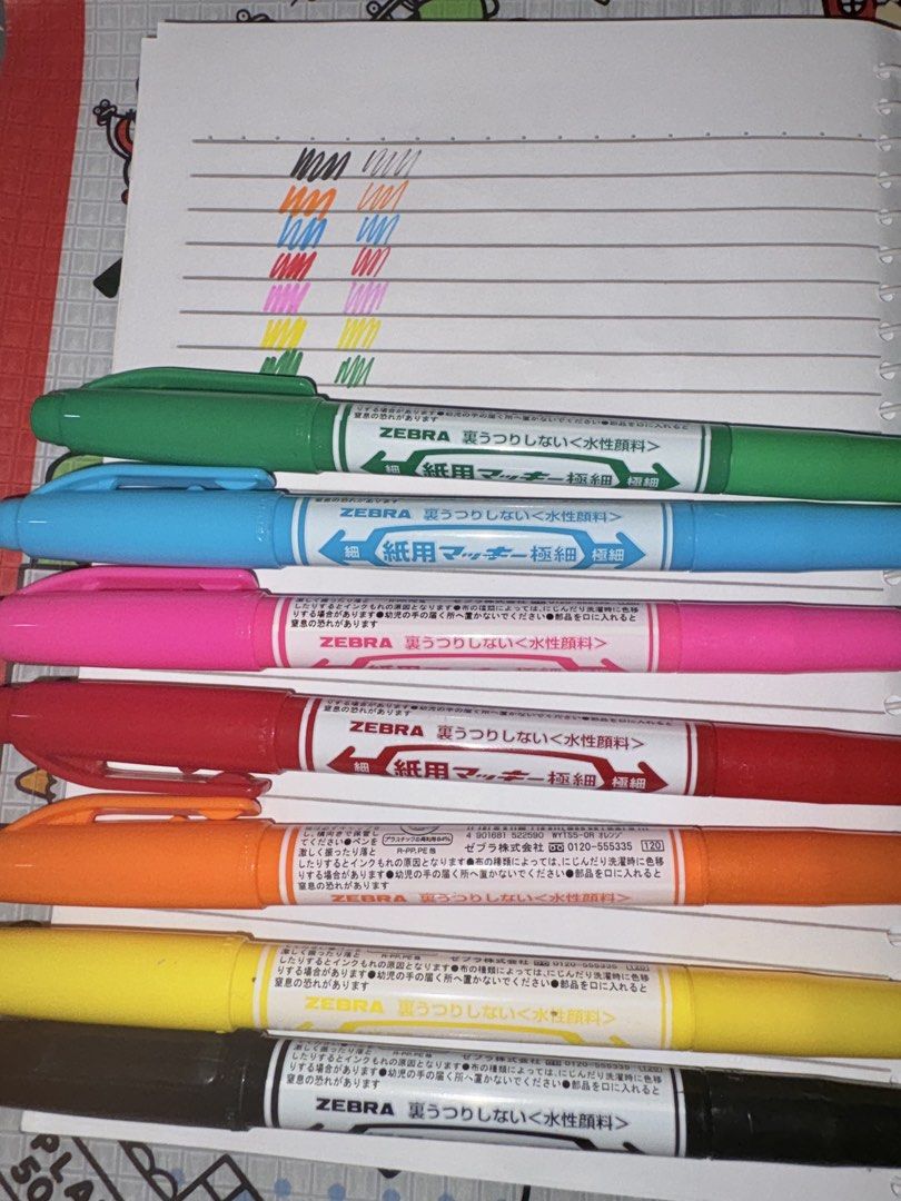 7pcs ZEBRA Paper Marker Water-Based Fine Tip Pens (Category: Stationery & School Supplies) located in Marikina City. Submitted by savedbygracephb (Listing ID 1459482673, Image 1). Description: - Set of 7 Zebra paper markers - Includes: Black, Yellow, Orange, Red, Pink, Blue, Green - Black fine tip not as juicy, all else are juicy as new - Fine tip, water-based ink - Ink is bleed-proof, won't go through paper - Ideal for highlighting and drawing.