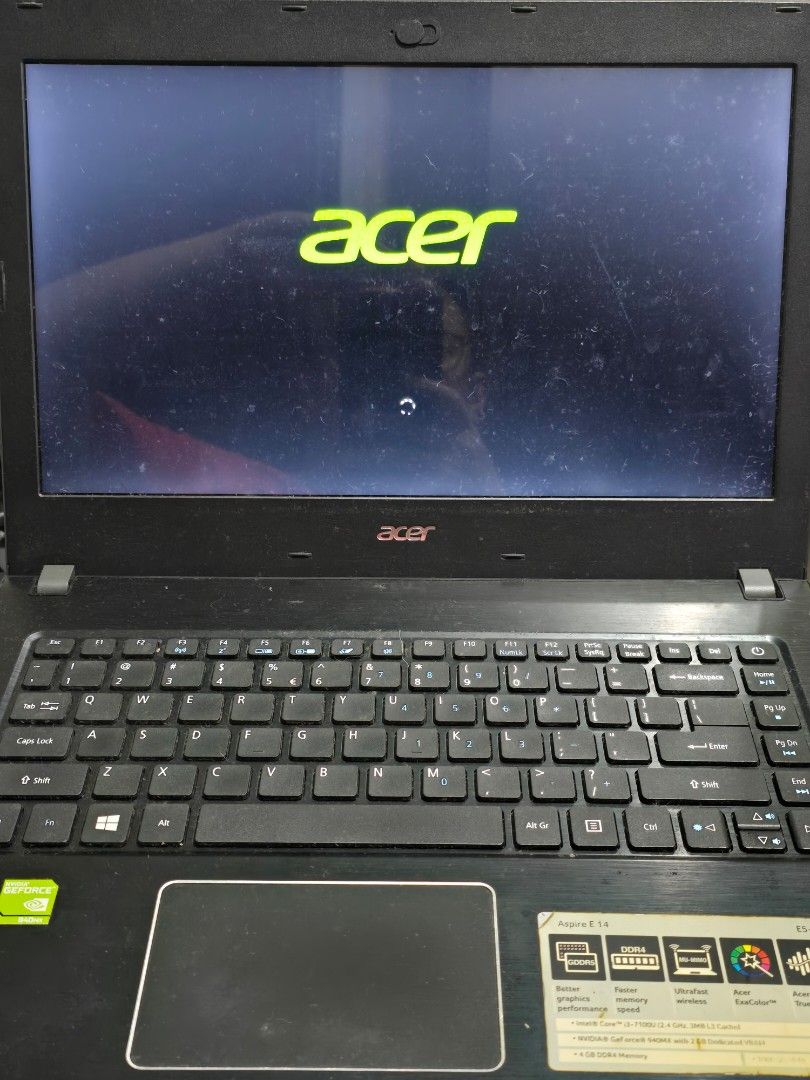 Acer Aspire E 14 E5-475G-380U Laptop (Category: Laptops & Notebooks) located in Antipolo. Submitted by lawsell (Listing ID 1459302734, Image 2). Description: - Acer Aspire E 14 Laptop - Intel Core i3-7100U Processor (2.4 GHz) - NVIDIA GeForce 940MX Graphics (2GB VRAM) - 4GB DDR4 Memory - Ultrafast Wireless with MU-MIMO - Acer TrueHarmony Sound - Certified for Skype for Business - Screen shows Windows login, ready for setup..