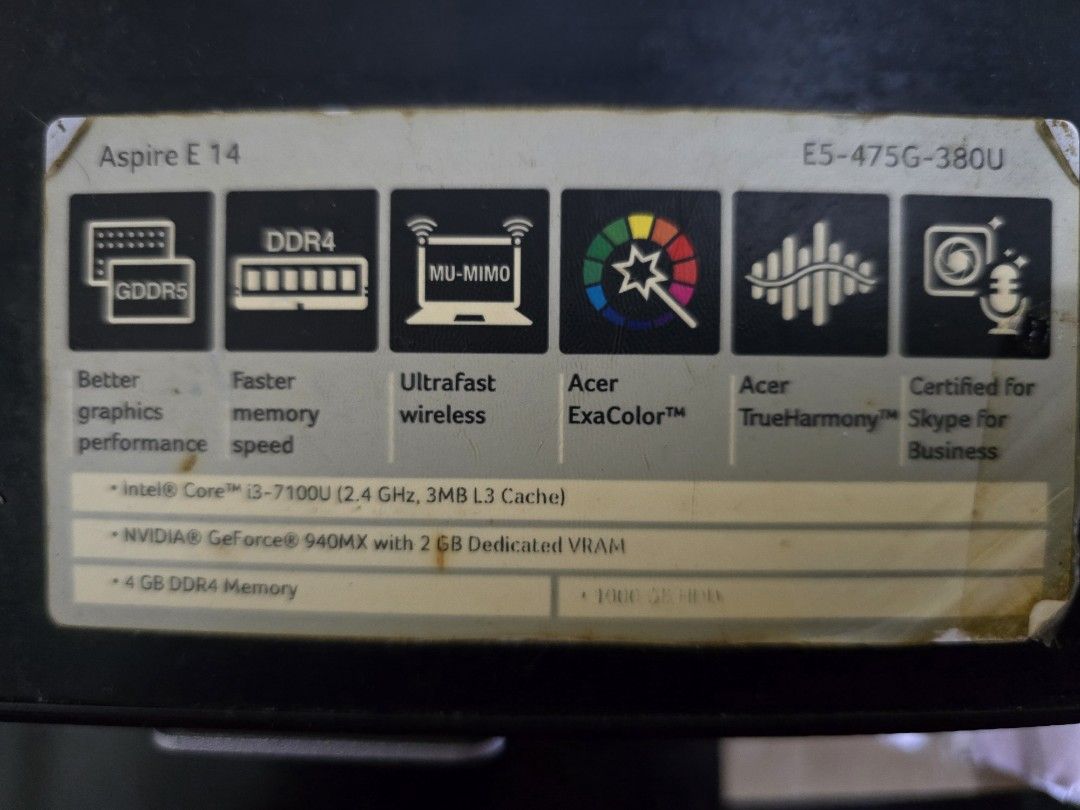 Acer Aspire E 14 E5-475G-380U Laptop (Category: Laptops & Notebooks) located in Antipolo. Submitted by lawsell (Listing ID 1459302734, Image 1). Description: - Acer Aspire E 14 Laptop - Intel Core i3-7100U Processor (2.4 GHz) - NVIDIA GeForce 940MX Graphics (2GB VRAM) - 4GB DDR4 Memory - Ultrafast Wireless with MU-MIMO - Acer TrueHarmony Sound - Certified for Skype for Business - Screen shows Windows login, ready for setup..