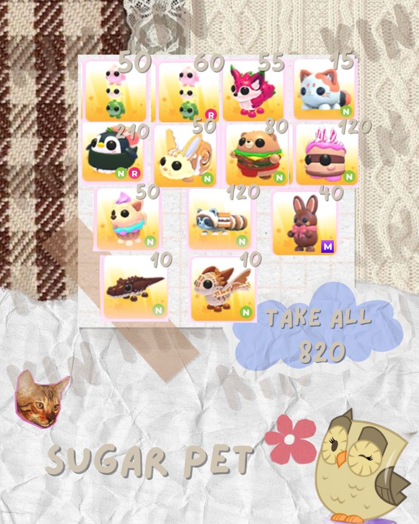 Adopt me: Sugar Pets (READ DESCRIPTION) (Category: In-Game Products) located in Caloocan City. Submitted by kieromxz143_6 (Listing ID 1459363504, Image 1). Description: Please send me a direct message if you are interested in purchasing. You may also check the item first before proceeding with your purchase. Minimum 20 Ride Dango SOLDOUT Bunny Swirl SOLDOUT .
