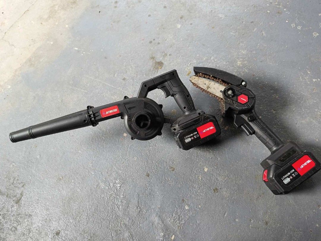 AETHSTEEL Cordless Blower & Mini Chainsaw Set (Category: Construction Tools & Equipment) located in Las Pinas. Submitted by selling.good.stuff27 (Listing ID 1459316954, Image 1). Description: twice lang magamit in good condition no issue with charger - AETHSTEEL cordless power tool set - Includes leaf blower and mini chainsaw - Ideal for light yard work and DIY projects - Both tools use the same lithium-ion battery - Battery and charger NOT inclu