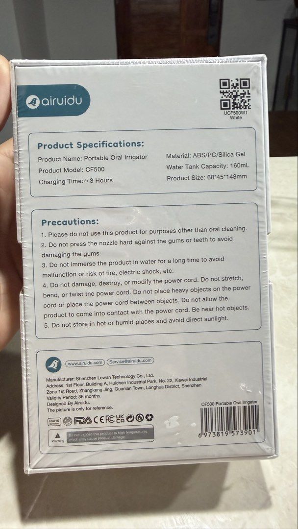 Airuidu Portable Oral Irrigator CF500 (Category: Oral Care) located in Manila. Submitted by noelynwali10524 (Listing ID 1459371811, Image 2). Description: Note: buyers pay shipping fee - Brand New Airuidu CF500 Portable Oral Irrigator - 4 Professional Cleaning Modes - Long-lasting 50-Day Battery Life - IPX7 Waterproof Design - Includes 4 Specialized Nozzles: Standard, Orthodontic, Periodontal, Tongue Scraper - Quick 3-Hour Charging Time - Ideal f