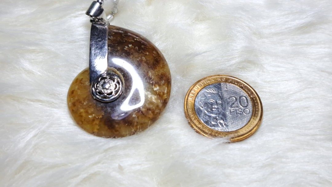 Ammonite Fossil Pendant with Silver Chain (Category: Necklaces) located in Quezon City. Submitted by crystallinehaven (Listing ID 1459352788, Image 3). Description: - Unique ammonite fossil pendant - Natural amber and brown tones - Set in sterling silver - Includes a silver chain - Approximately the size of a 20 Piso coin - A fantastic conversation piece 💥READ FIRST THANKS💥 "My Collections and I'm Letting go and Releasing it" ♦️These are the On