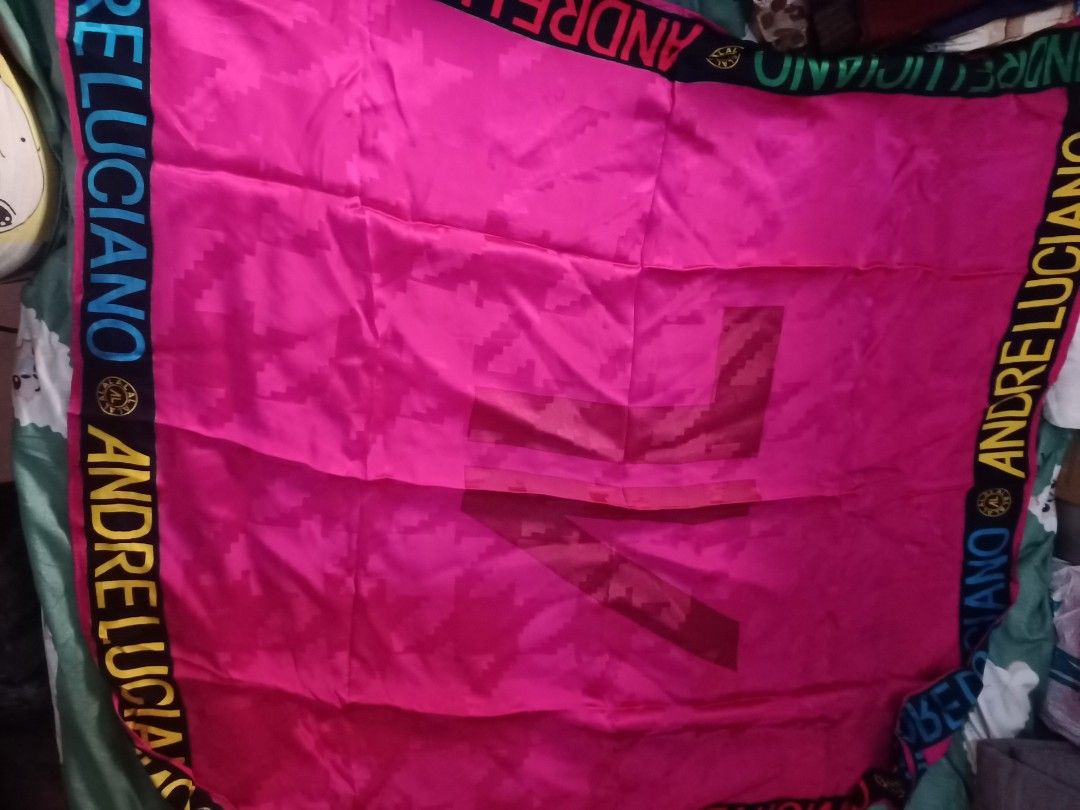 Andre Luciano Pink Scarf with Logo (Category: Scarves) located in Manila. Submitted by crustynico23 (Listing ID 1459323936, Image 1). Description: - Bright pink scarf - Features repeating Andre Luciano logo on border - Large abstract logo in the center - Excellent accessory to add a pop of color to any outfit.