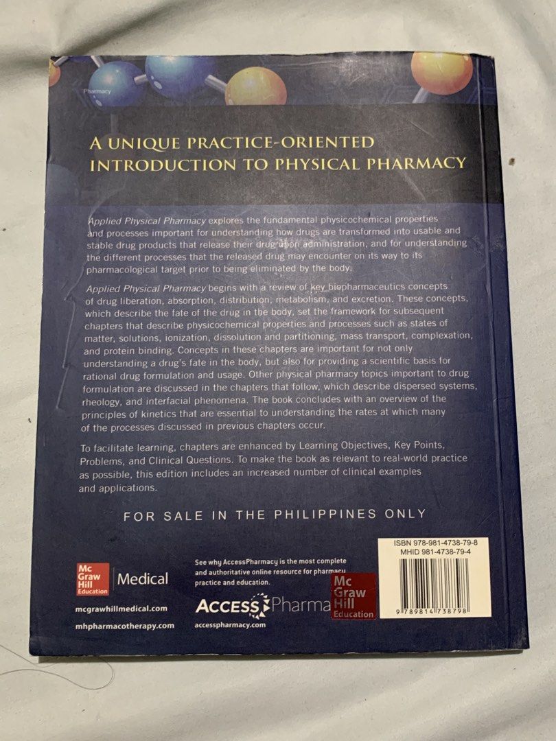 Applied Physical Pharmacy Book (2nd Edition) (Category: Textbooks) located in Manila. Submitted by bernx1104 (Listing ID 1459394784, Image 2). Description: Applied Physical Pharmacy (2nd Edition) – Mansoor M. Amiji, Thomas J. Cook, W. Cary Price: ₱300 (negotiable); original price₱450 ~ Selling my copy of Applied Physical Pharmacy, 2nd Edition (McGraw-Hill) Condition Details: 📌Clean pages with slight to few markings in some pages. 📌Can share onl