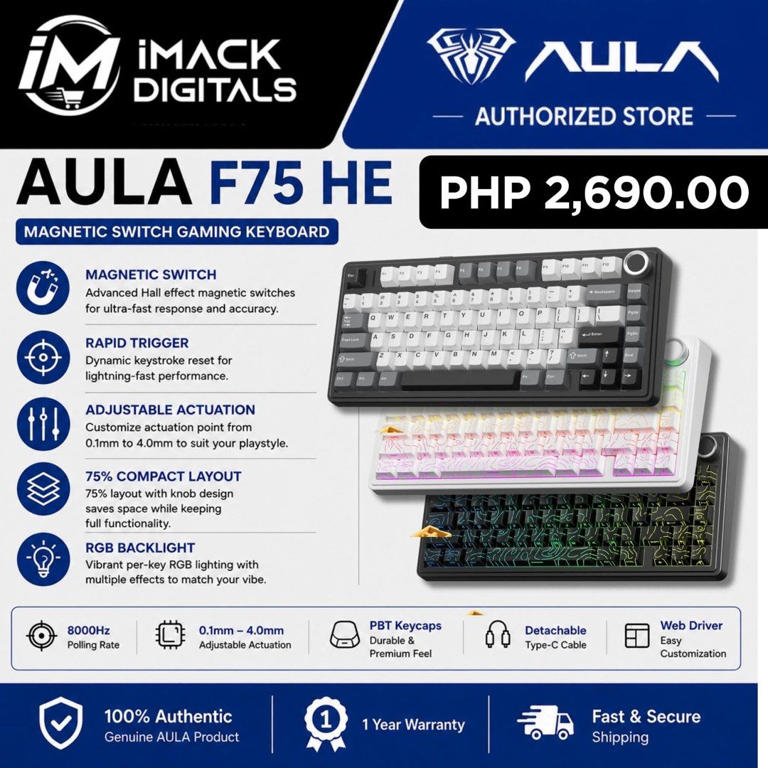 AULA F75 HE MAGNETIC SWITCH GAMING KEYBOARD (Category: Computer Keyboard) located in Taguig. Submitted by imackdigitalsxaula (Listing ID 1459348810, Image 1). Description: AVAILABLE IN 3 COLORS (INDICATED IN THE PHOTO) WITH 1 YEAR WARRANTY.