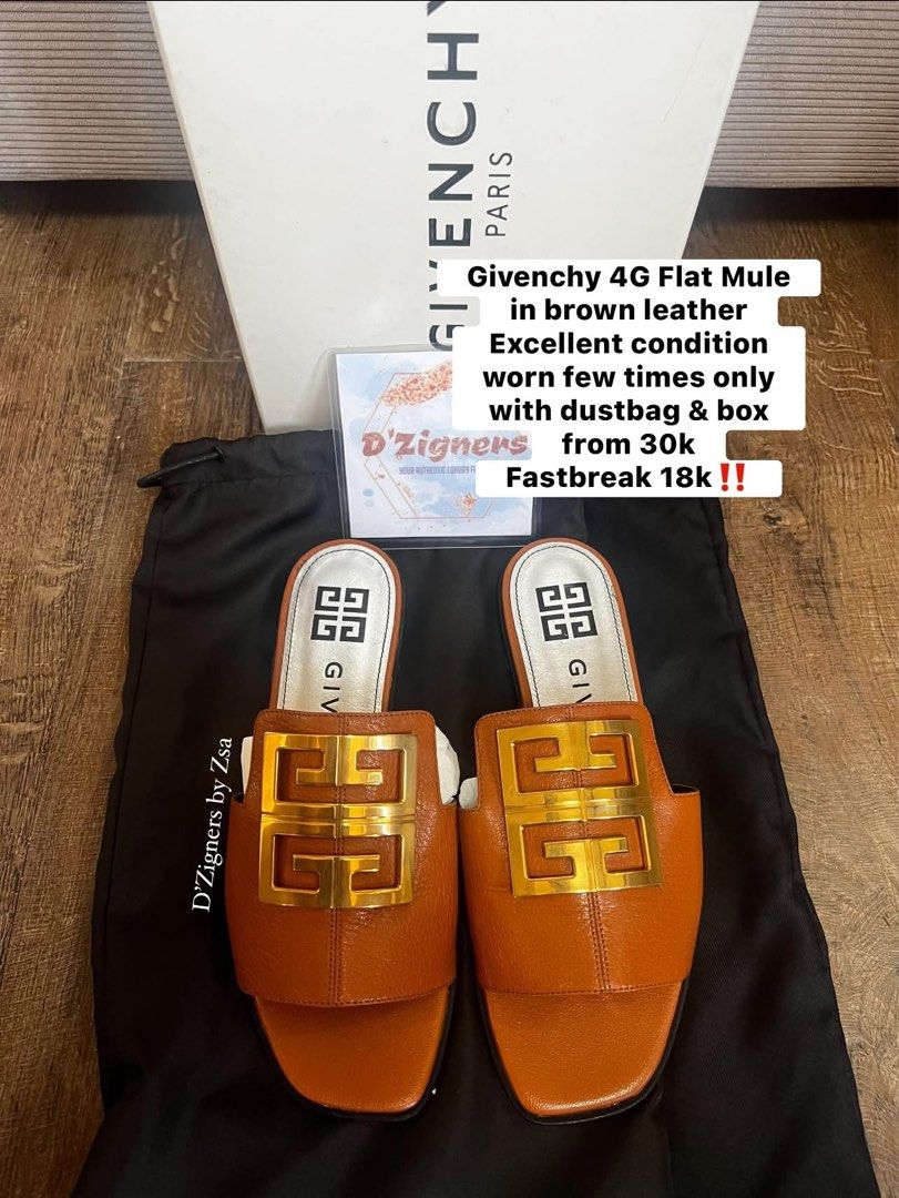 Authentic Givenchy Mule (Category: Sneakers & Footwear) located in Quezon City. Submitted by DZignersbyZsa (Listing ID 1459429938, Image 1). Description: Authentic Givenchy Mule Brown leather Very good condition worn few times only with dustbag & box Size 6 womens with sole protector.