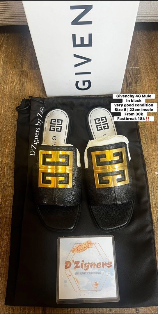 Authentic Givenchy mule (Category: Sneakers & Footwear) located in Quezon City. Submitted by DZignersbyZsa (Listing ID 1459431605, Image 1). Description: Authentic Givenchy Mule Black leather Very good condition worn few times only with dustbag & box Size 6 womens with sole protector.