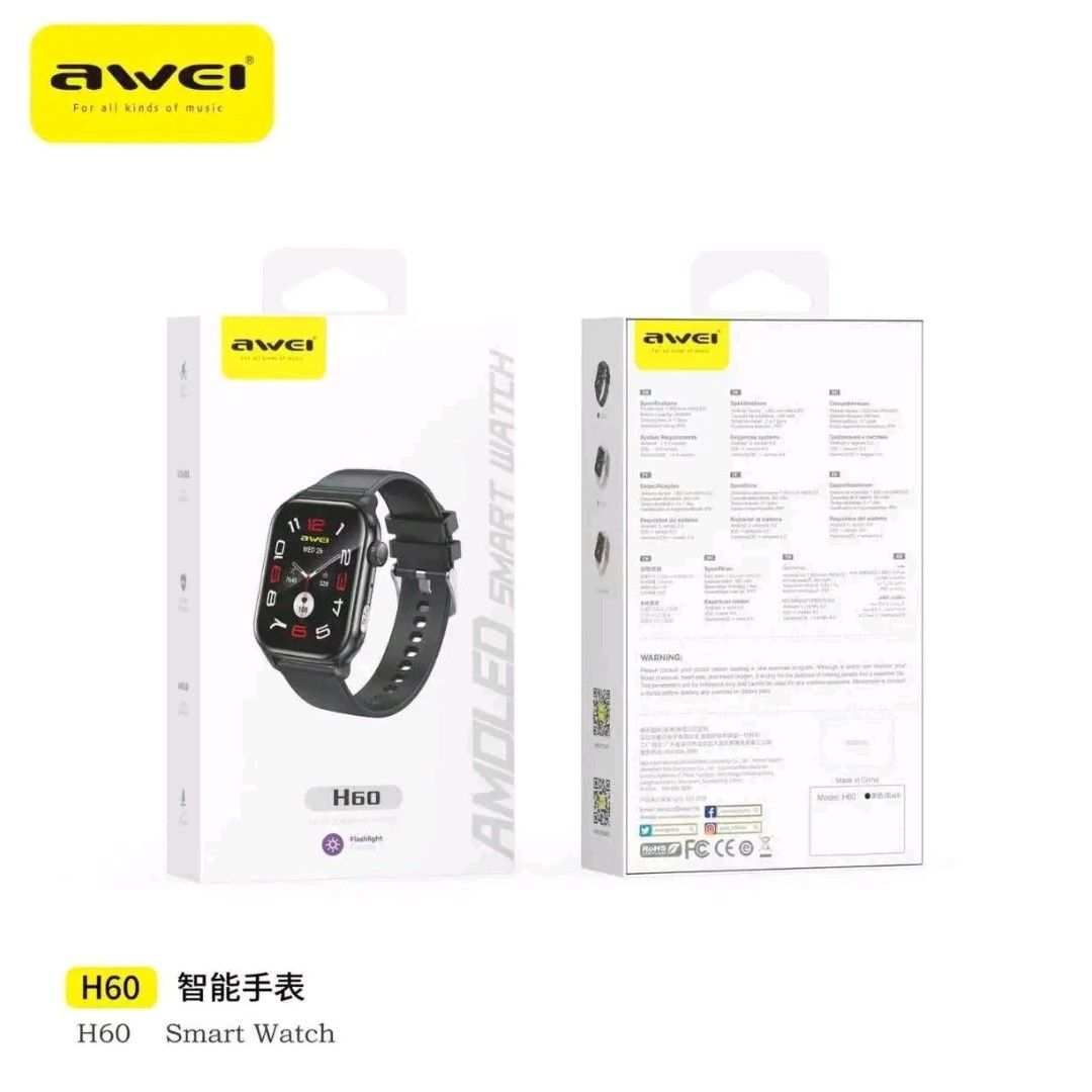Awei H60 AMOLED Smart Watch Bluetooth Calling IP67 (Category: Wearables & Smart Watches) located in Manila. Submitted by marvieobordo (Listing ID 1459297870, Image 1). Description: - Stunning 1.95" AMOLED Display - Make & Receive Calls via Bluetooth - Long-lasting Battery: 5-7 Days Usage - IP67 Waterproof & Dustproof - Health Monitoring: Heart Rate, Blood Oxygen, Sleep, Blood Pressure - Supports Multiple Sports Modes - Available in 3 Classic Colo