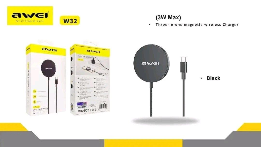 Awei W32 3W Max Magnetic Wireless Charger - Black (Category: Chargers & Cables) located in Manila. Submitted by marvieobordo (Listing ID 1459297428, Image 1). Description: - Awei W32 Magnetic Wireless Charger - Color: Black - Max Output: 3W - Design: 3-in-1 functionality - Ideal for convenient wireless charging - Check photos for packaging and product details.