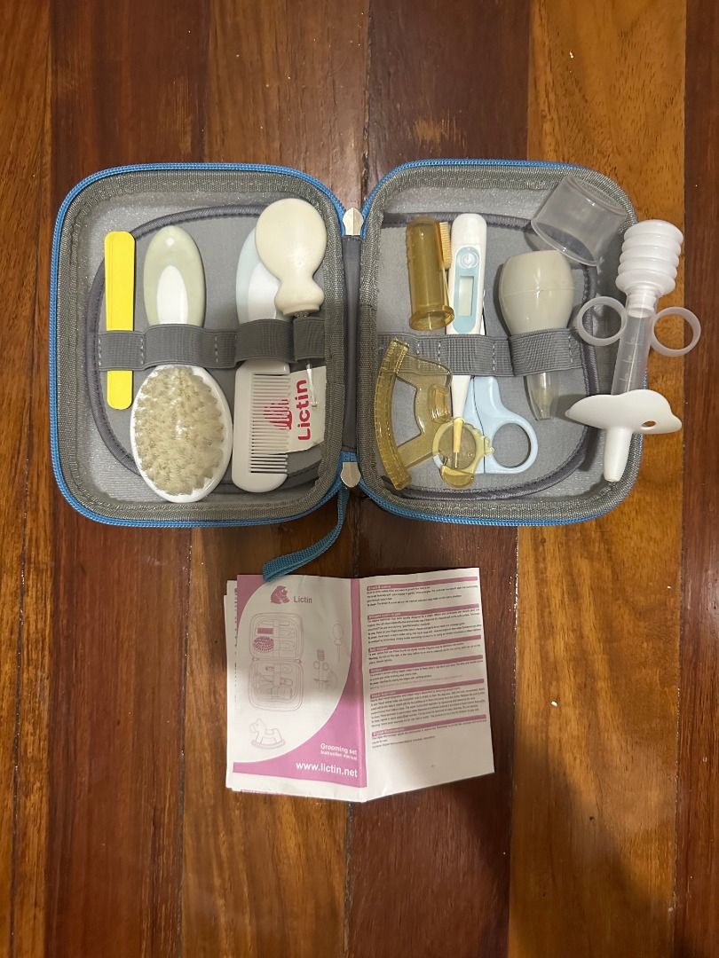 Baby Grooming Kit with Case (Category: Baby Toiletries & Grooming) located in Makati City. Submitted by travelfinds34611 (Listing ID 1459379737, Image 1). Description: Baby Grooming Kit Includes: - Nail file, brush, comb, ear cleaner, teeth cleaner, teether, thermometer, scissors, nasal aspirator, medical syringe & medicine cup - Missing: nail clippers Condition: Everything is like new & never used except for the baby brush. Baby Brush is only we