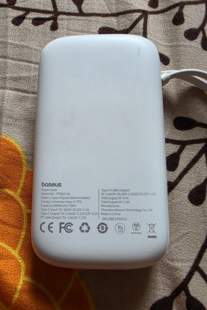 Baseus 22.5W Power Bank 20000mAh (Category: Batteries & Power Banks) located in Paranaque City. Submitted by nics_11 (Listing ID 1459340083, Image 2). Description: - Baseus 20000mAh Power Bank (Model PPQD3-20) - 22.5W Fast Charging Output - Features USB Lightning and Type-C Port - Energy Conversion Rate: >75% - Has the pouch! - Ideal for charging devices anywhere, anytime. rfs: Have another powerbank and used only thrice for concert 🤗 Feel free 