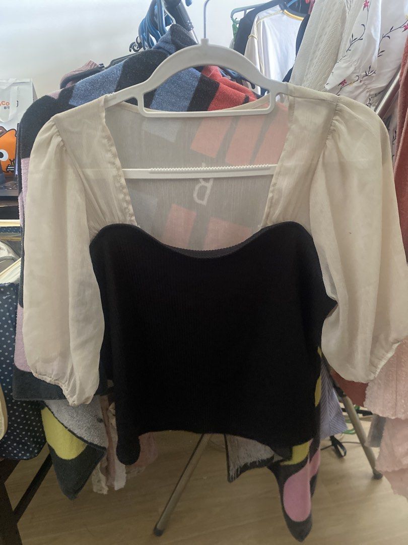 Black and White Puff Sleeve Square Neck Top (Category: Blouses) located in Caloocan City. Submitted by fdecl (Listing ID 1459305151, Image 1). Description: - Black ribbed bodice - Sheer white puff sleeves - Square neckline - Voluminous sleeves - Versatile for going out - Easy to pair with jeans or skirts.