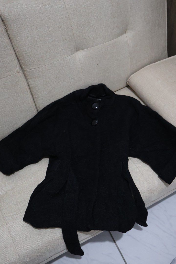 Black Button-Up Jacket with Belt (Category: Coats, Jackets and Outerwear) located in Quezon City. Submitted by NiniTheExplorer (Listing ID 1459340210, Image 1). Description: - Chic black jacket - Unique collar design - Button closure - Adjustable tie belt to cinch the waist - Wide sleeves - Versatile: dress up or down - Ideal for cooler weather and layering.