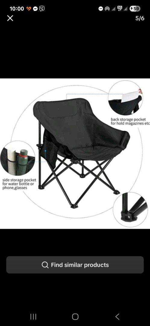 Black Folding Camping Chair with Side and Back Pockets (Category: Chairs) located in Makati City. Submitted by shenam448 (Listing ID 1459301305, Image 1). Description: - Portable folding chair - Ideal for camping, picnics, and outdoor events - Includes a side pocket for water bottle, phone, or glasses - Features a back pocket for magazines or other items - Easy to set up and take down - Lightweight and convenient to carry.