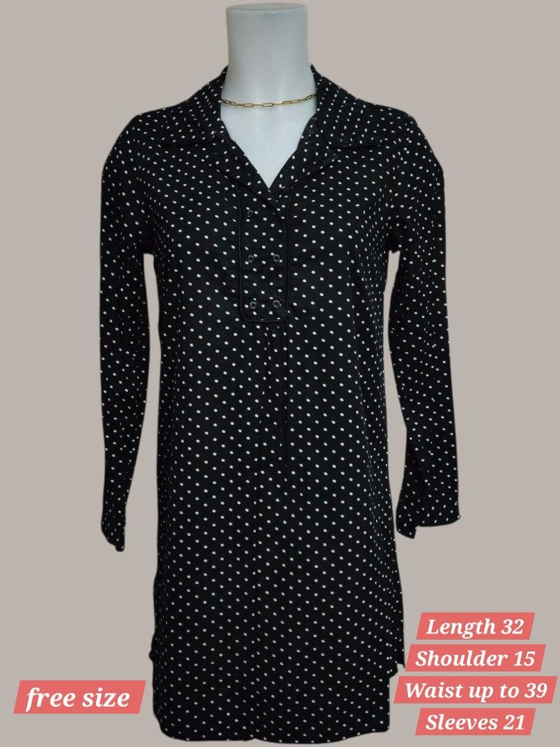 Black Polka Dot Long Sleeve Dress (Category: Dresses) located in Quezon City. Submitted by kirstenbella (Listing ID 1459446761, Image 1). Description: - Classic black dress with charming white polka dots - Elegant long sleeves and a stylish collared neckline with button details - Versatile free size design, fitting most body types.
