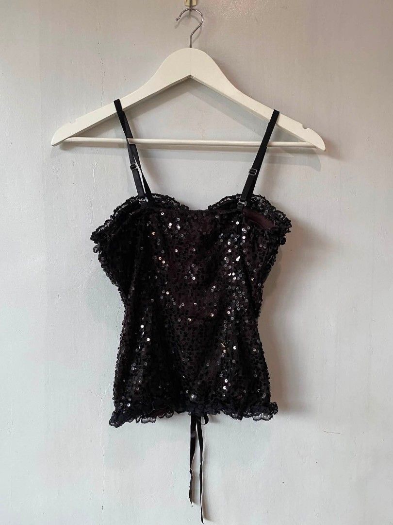 Black Sequins Corset (Category: Others Tops) located in San Carlos City. Submitted by latumsthrift (Listing ID 1459290778, Image 2). Description: Black Sequins Corset -features lace trim and a front lace-up detail, reminiscent of Cache styles from the early 2000s. Small Fit Excellent Condition Dm📩.