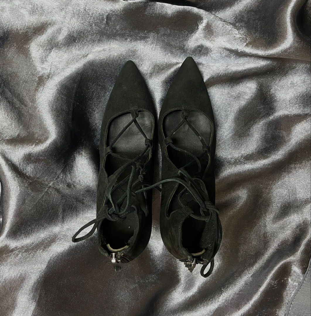 Black Suede Lace-Up Stiletto Heels (Category: Heels) located in Cavite. Submitted by bellewii (Listing ID 1459403511, Image 3). Description: - Elegant black suede heels - Sharp pointed toe design - Flattering lace-up detail that ties at the ankle - Convenient back zipper closure - Sexy high stiletto heel - Instantly dresses up any outfit size: 36 heels: 4 inches mode of payment: gcash or maribank loc: cavite.