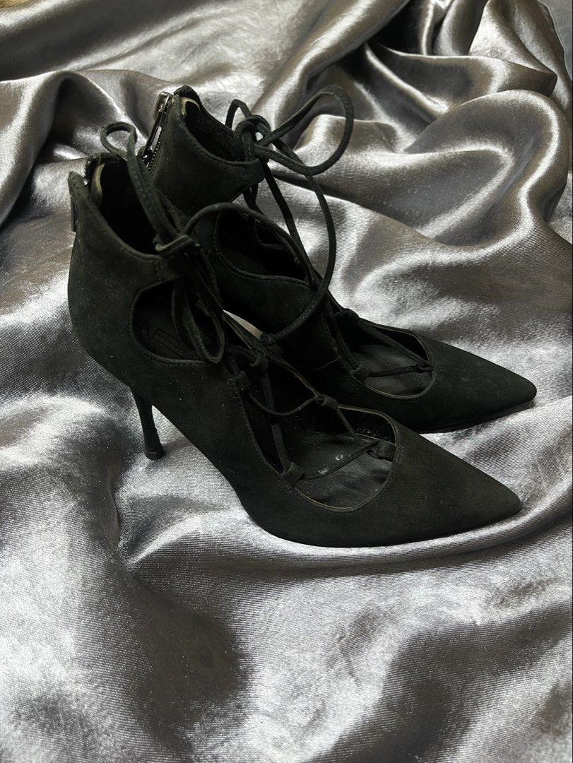 Black Suede Lace-Up Stiletto Heels (Category: Heels) located in Cavite. Submitted by bellewii (Listing ID 1459403511, Image 2). Description: - Elegant black suede heels - Sharp pointed toe design - Flattering lace-up detail that ties at the ankle - Convenient back zipper closure - Sexy high stiletto heel - Instantly dresses up any outfit size: 36 heels: 4 inches mode of payment: gcash or maribank loc: cavite.