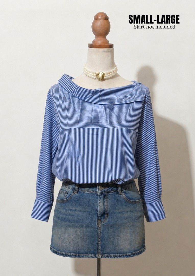 Blue and White Striped Off-Shoulder Blouse (Category: Blouses) located in Vintar. Submitted by roweeflores.flowerpower (Listing ID 1459352728, Image 1). Description: - Blue and white striped off-shoulder blouse - Horizontal stripe detail on chest, vertical stripes on sleeves and body - Versatile: dress up or down - Fits sizes Small to Large - Skirt not included.