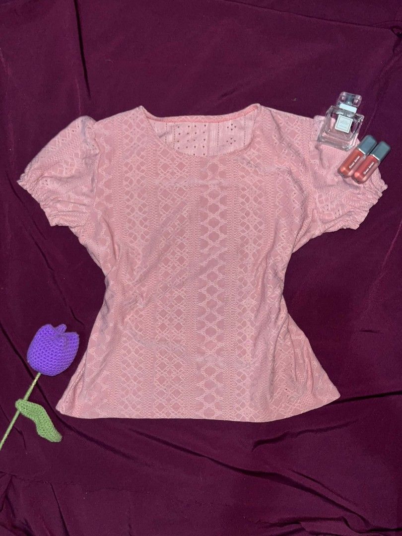 Blush Lace Flutter Top (Category: Blouses) located in Manila. Submitted by curatedbycalli (Listing ID 1459392834, Image 1). Description: Cute pink top with eyelet details. Short puff sleeves with elastic cuffs. The fabric has a subtle textured pattern. Great for casual wear or dressing up..
