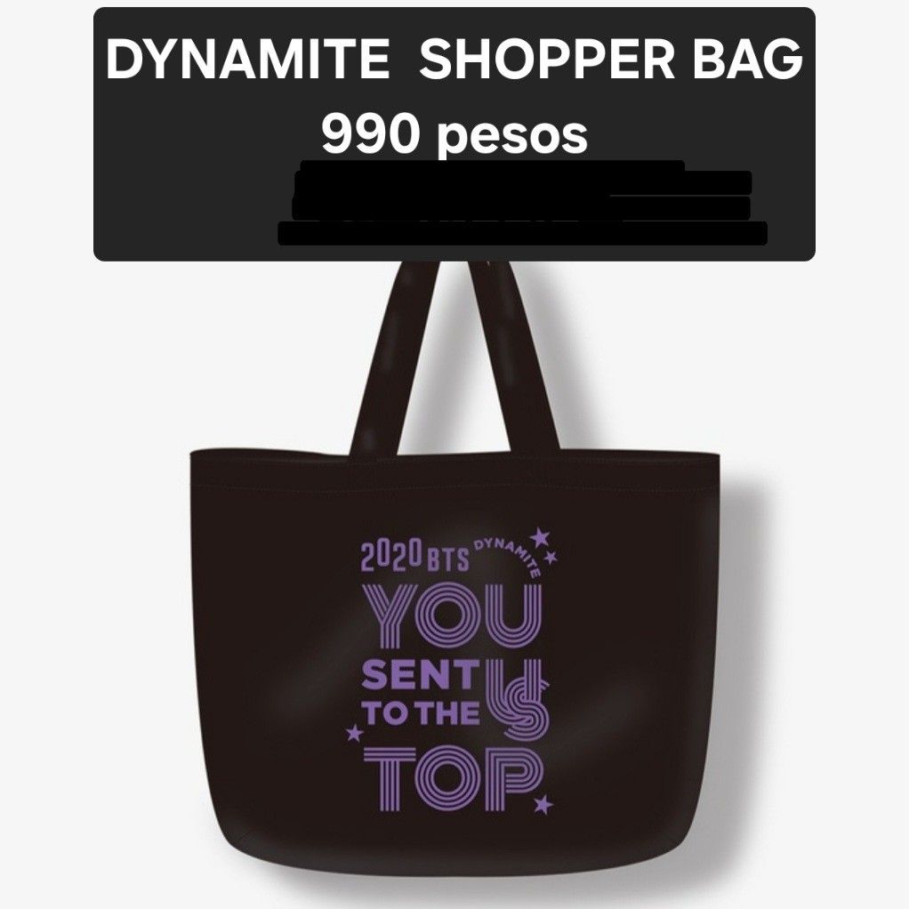 BTS Dynamite Tote Bag (Category: Tote Bags) located in Taguig. Submitted by bangtan_online_shop (Listing ID 1459340517, Image 1). Description: BTS Dynamite Tote Bag ON HAND Bag 45cm x 36cm Strap 48cm 990 pesos only.