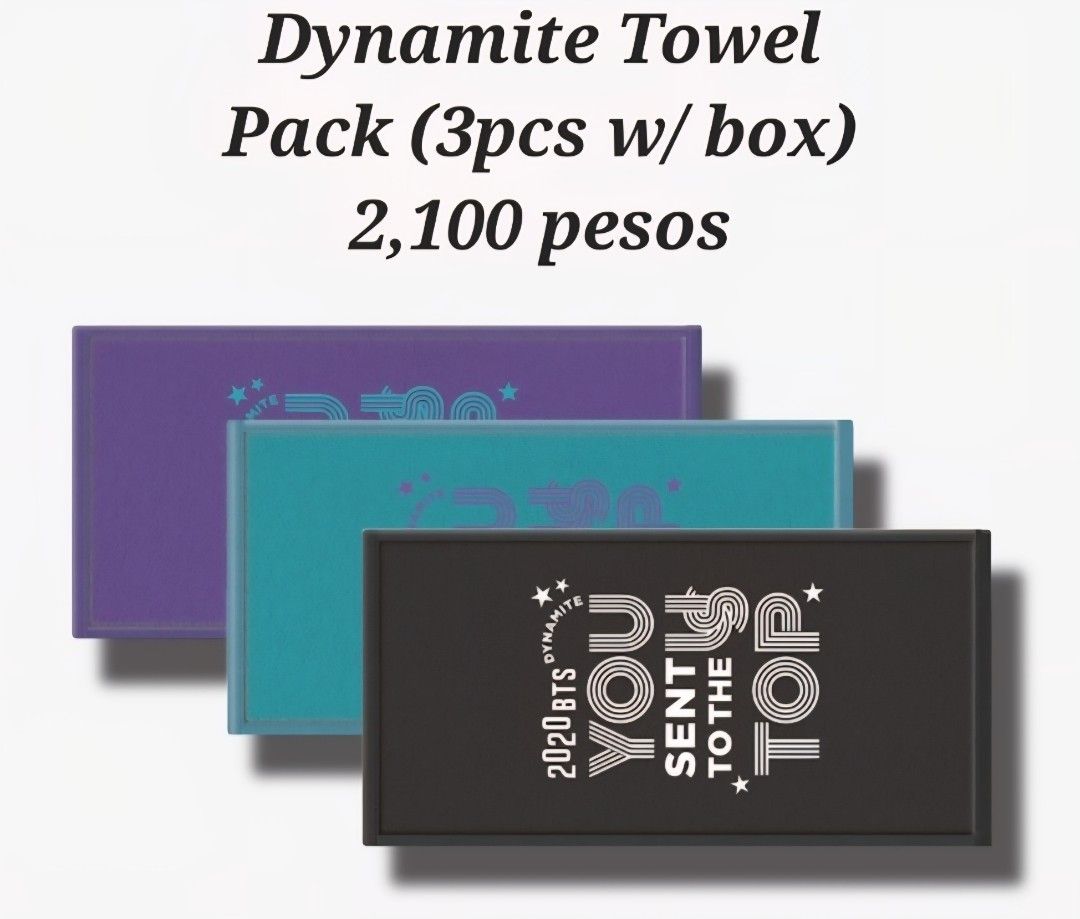 BTS Dynamite Towel Set (Category: Bath) located in Taguig. Submitted by bangtan_online_shop (Listing ID 1459340019, Image 1). Description: BTS Dynamite Towel Pack 1 set (3pcs with box) ON HAND 80cm x 40cm 100% cotton 2,100 pesos only.