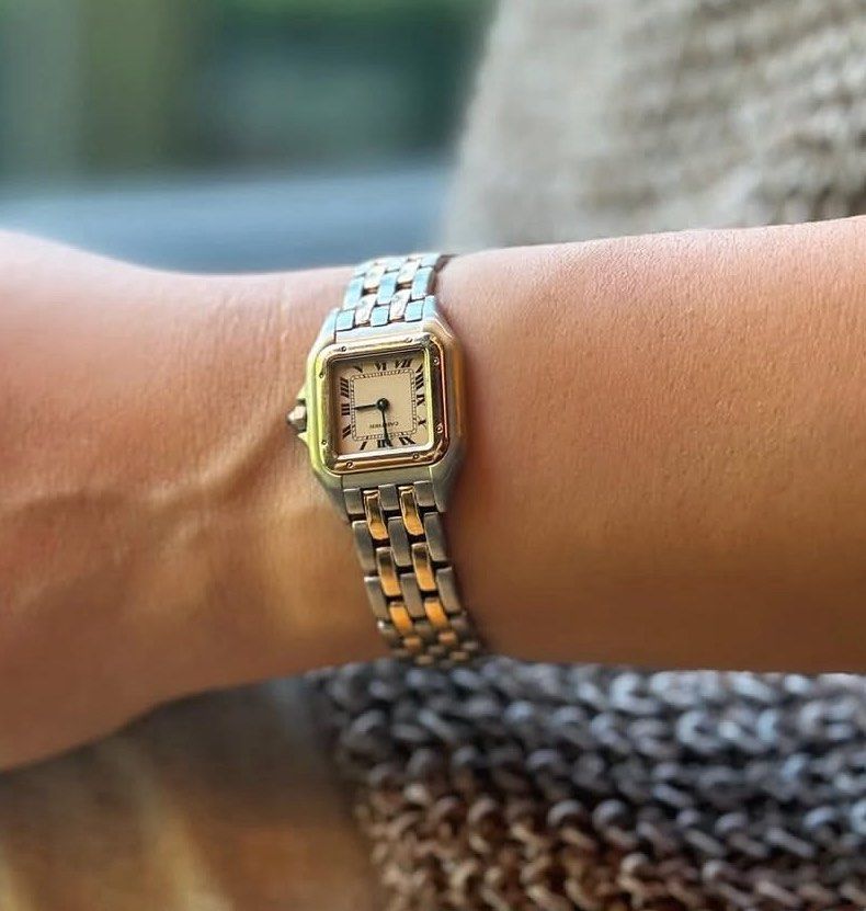Cartier Panthere 2-tone (Category: Luxury Watches) located in Bulacan. Submitted by youlovewatches (Listing ID 1459351141, Image 1). Description: Cartier Panthere 2-Rows Gold Case size: 22mmx22mm Material: 18k & Stainless Steel Movement: Quartz Movement Size: Fit up to 15.8cm wrist Dial & Digits: White Roman Numeral dial Crown: Blue Cabochon Sapphire-set Guaranteed Authentic One of the "Most Iconic & Must Have" in Cartier Collections. Open for La