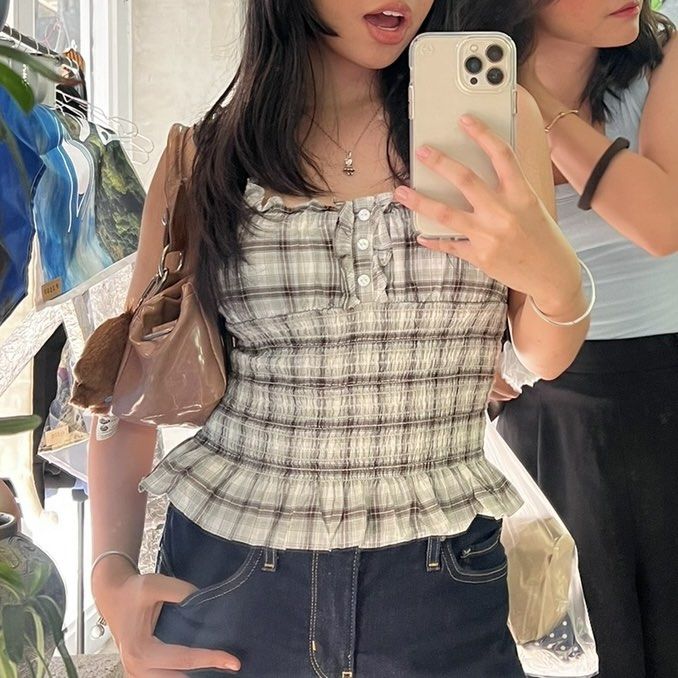 Cotton on gingham gray ruched peplum top (Category: Sleeveless) located in Makati City. Submitted by monu__ (Listing ID 1459408165, Image 2). Description: Gray gingham top Bought in store for 1k+ Size: Small Ruched, peplum, fitted top Cotton on brand, worn only a thrice .