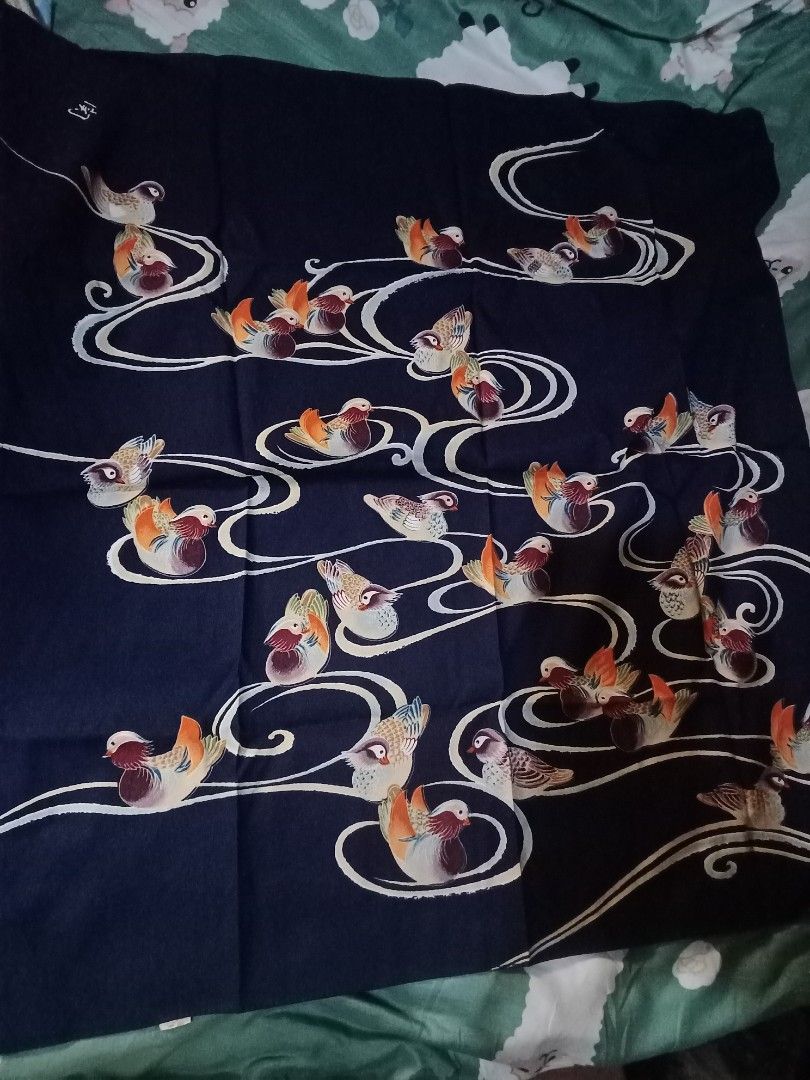 Dark Blue Fabric with Mandarin Ducks and Waves Pattern (Category: Coats, Jackets and Outerwear) located in Manila. Submitted by crustynico23 (Listing ID 1459317423, Image 1). Description: - Dark blue fabric with a stunning mandarin duck and flowing wave pattern. - Intricate and eye-catching design. - Feels like good quality material. - Ideal for crafting, sewing projects, or decorative use. - Approximate measurements: [insert measurements here if