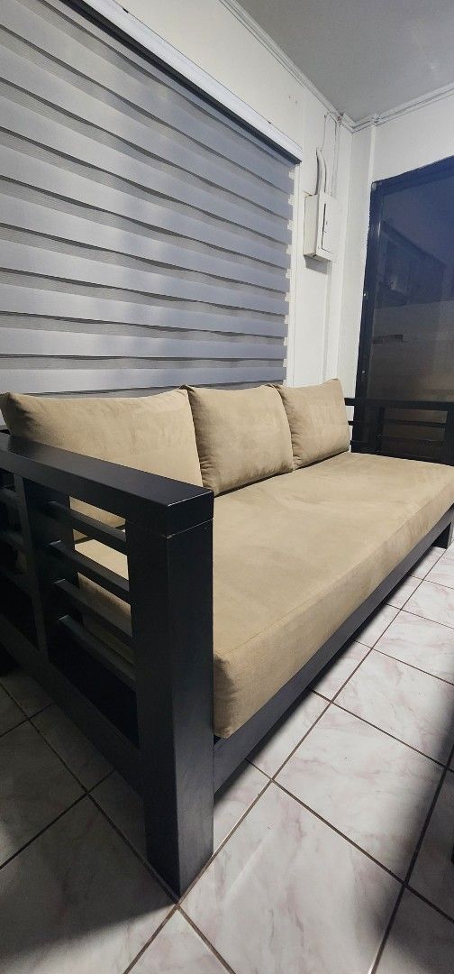 Daybed sofa with center table (Category: Sofas) located in Taguig. Submitted by arnoldcb.800 (Listing ID 1459416060, Image 3). Description: For sale Daybed sofa Mahogany solid wood 8" foam Suede cover washable Lenght 85 inches Including center table free throw pillows Slightly used Good for condo Pick up or via lalamove c/o buyer Location: Signal Village Taguig.