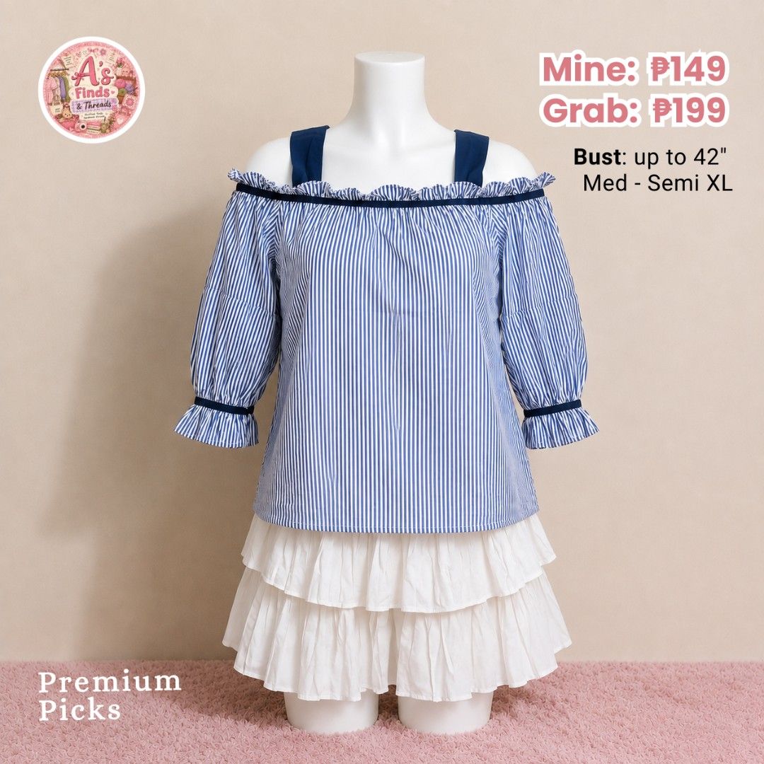 Denim blue off-shoulder striped cute top (Category: Blouses) located in Arayat. Submitted by a_littleone_store (Listing ID 1459430081, Image 1). Description: .