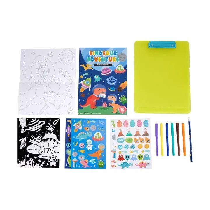 Dinosaur Adventure Activity Book & Craft Set (Category: Children's Books) located in Manila. Submitted by ideafactoryph (Listing ID 1459323929, Image 2). Description: - Fun dinosaur and space adventure activity book - Includes stickers and coloring pages - Features a scratch art page - Comes with a clipboard and markers - Ideal for creative kids who love dinosaurs and space - Keeps children entertained with various activities.