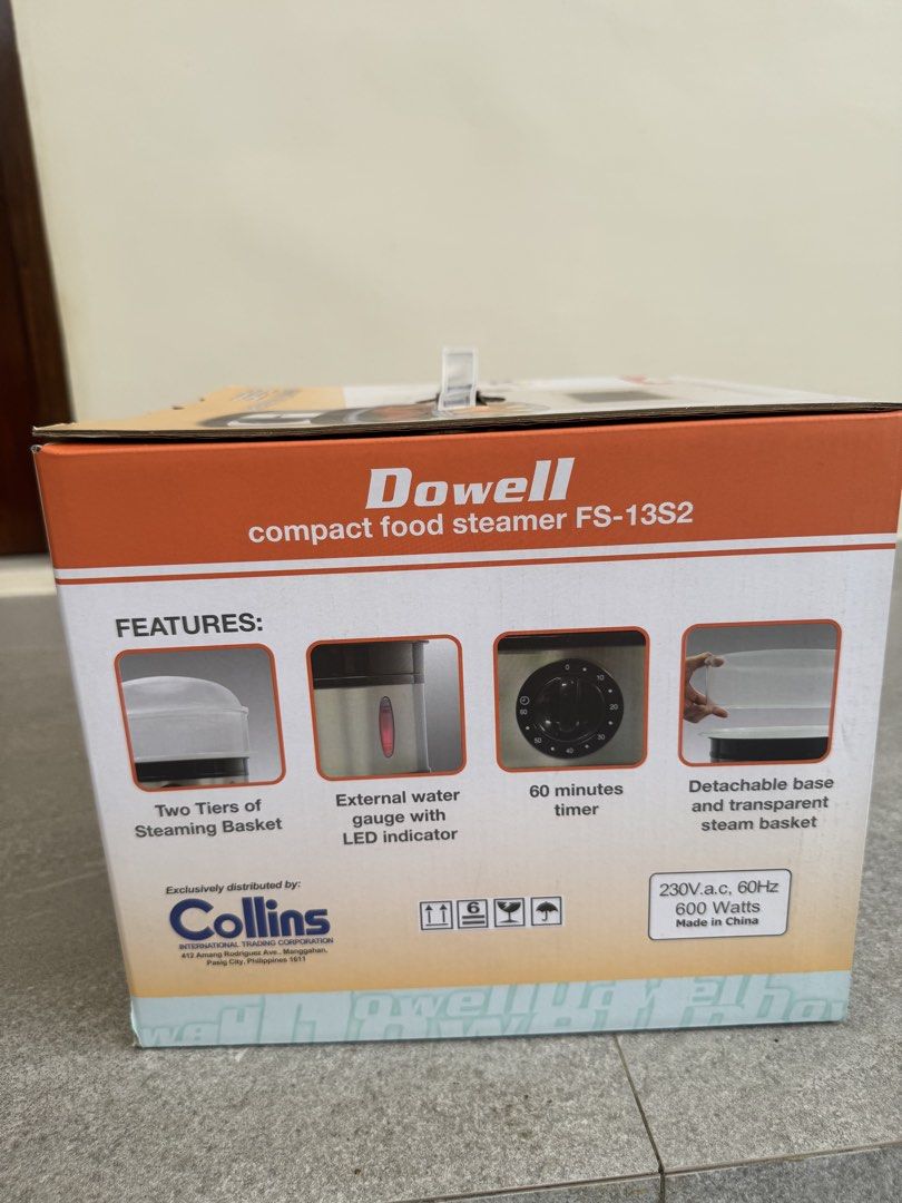 Dowell Compact Food Steamer FS-13S2 (Category: Other Kitchen Appliances) located in Las Pinas. Submitted by vanethneth (Listing ID 1459362600, Image 2). Description: - Dowell Compact Food Steamer, Model FS-13S2 - Two tiers of steaming baskets for versatile cooking - Convenient 60-minute timer - Easy-to-monitor external water gauge with LED indicator - Detachable base for easy cleaning and storage - Transparent baskets let you see your food as it 