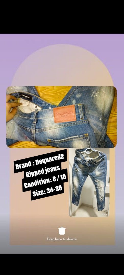 Dsquared2 Denim Ripped Jeans Size 34-36 (Category: Jeans) located in Manila. Submitted by roselim16 (Listing ID 1459465410, Image 1). Description: - Dsquared2 ripped jeans - Size: 34-36 - Style: Cool distressed denim - Perfect for casual looks - Please check photos for exact appearance.